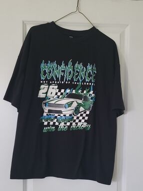 SHEIN Black Short Sleeve Racing Graphic Tee with Green Accents